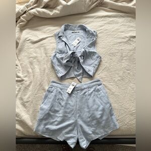 Tie front linen blend top with matching shorts